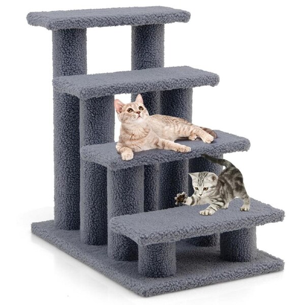Costway 4-Step Pet Stairs Carpeted Ladder Ramp 8 Scratching Post Cat Tree Climber Grey