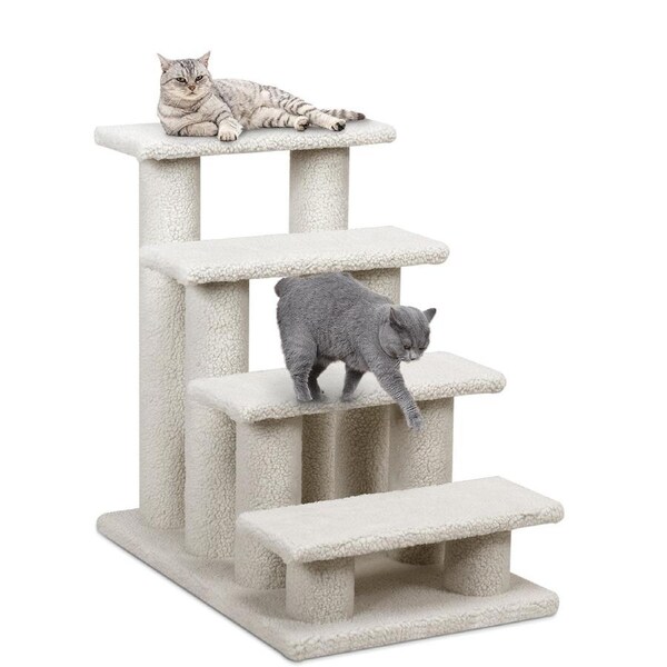 Costway 4-Step Pet Stairs Carpeted Ladder Ramp 8 Scratching Post Cat Tree Climber Beige
