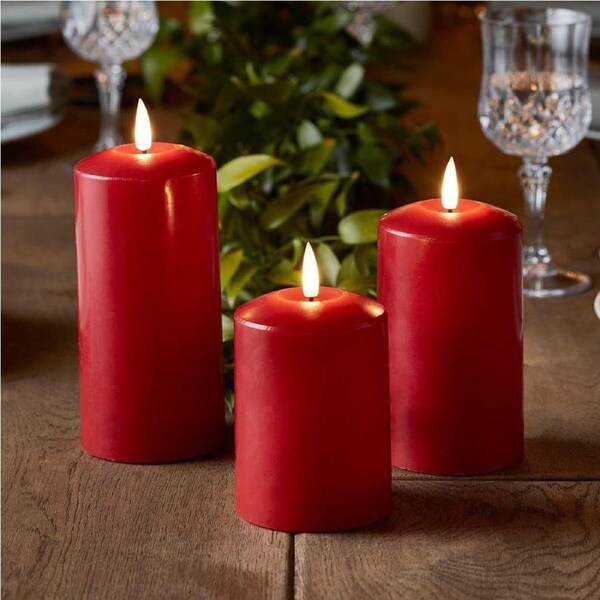Set of 2 LED RED Wax Pillar Candles 13.5cm