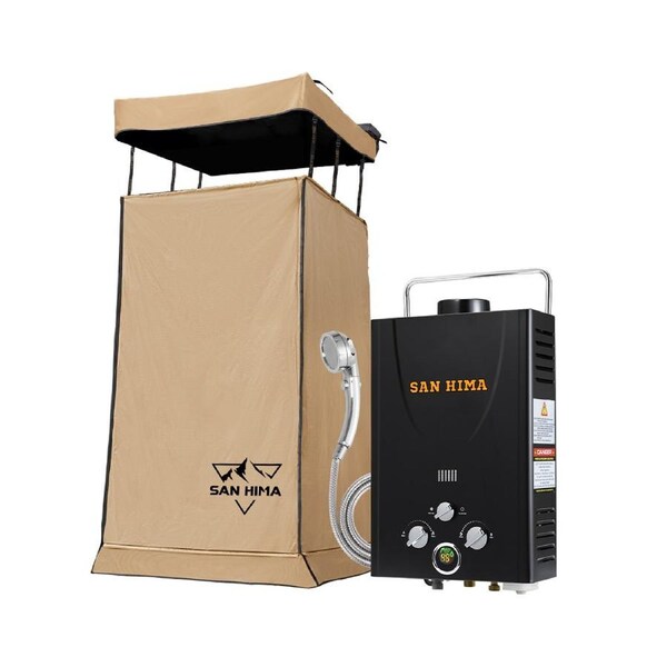 SAN HIMA Camping Shower Tent Awning Fold-Out Instant With 8L Gas Hot Water Heater