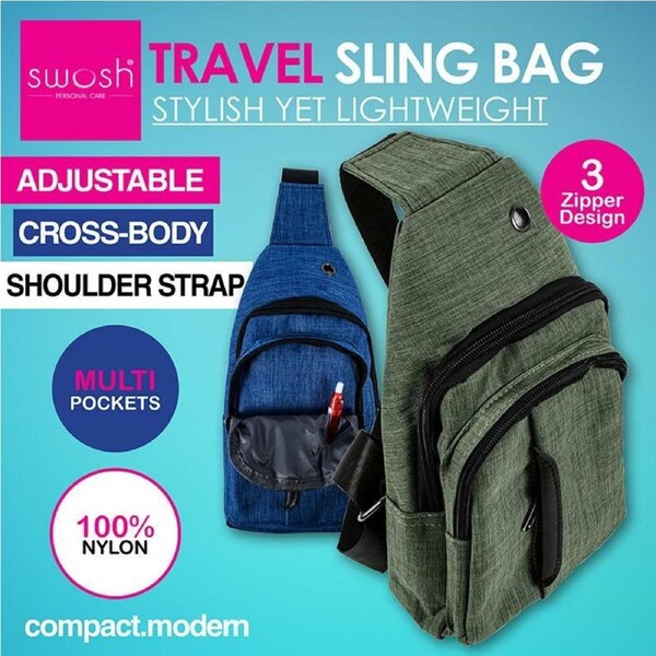 Ozoffer Travel Bag Sling Cross Body Adjustable Shoulder Strap Multi Pockets 3 Zipper