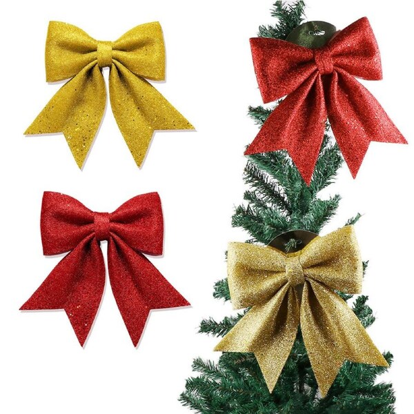 2Pack Red Gold Glitter Bow Christmas Tree Topper Wreath Bows Decorations