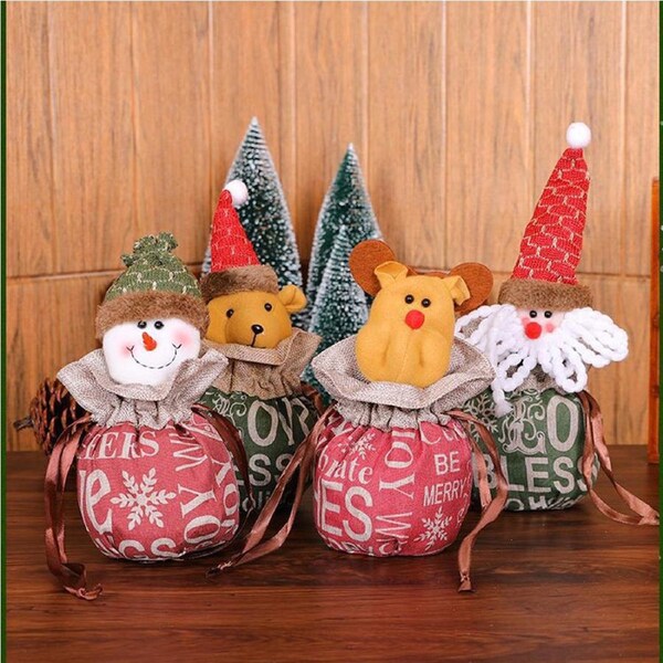 4Pcs Christmas Decoration Gift Bag Christmas Candy Bag with Drawstring