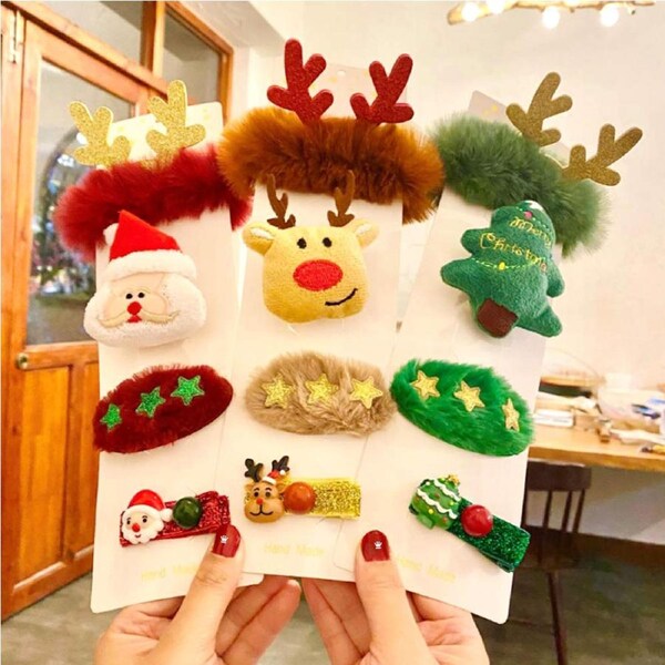 12Pcs Christmas Hair Ribbon Brooch Set Christmas Gift Hair Clip Rubber Band