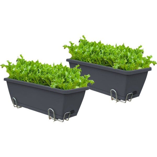 SOGA 49.5cm Black Rectangular Planter Vegetable Herb Flower Outdoor Plastic Box with Holder Balcony Garden Decor Set of 2