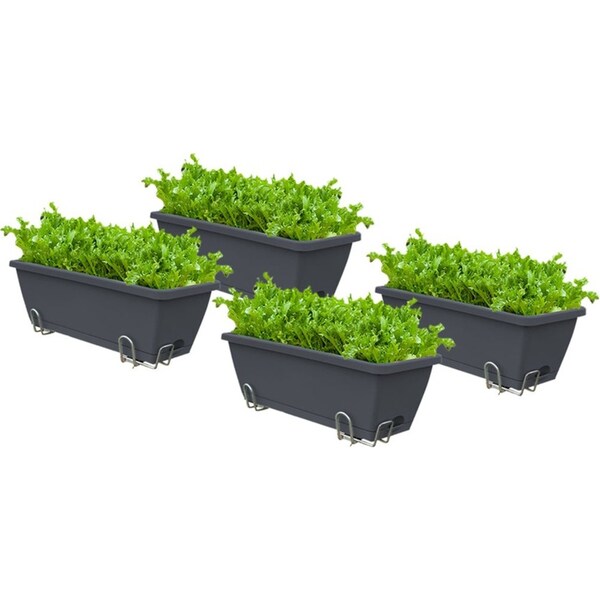 SOGA 49.5cm Black Rectangular Planter Vegetable Herb Flower Outdoor Plastic Box with Holder Balcony Garden Decor Set of 4
