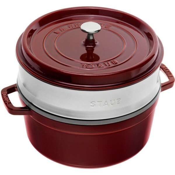 Staub Round Cast Iron Cocotte with Steamer 26cm - Grenadine