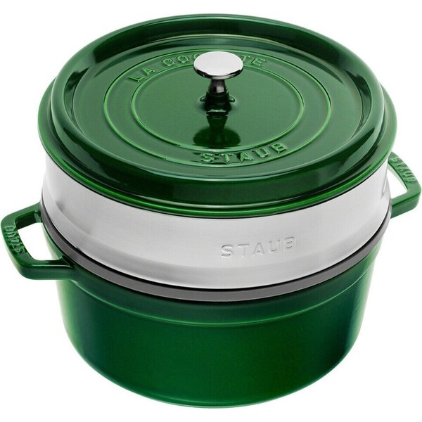 Staub Round Cast Iron Cocotte with Steamer 26cm - Basil Green