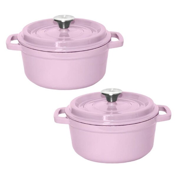 SOGA 2X 22cm Pink Cast Iron Ceramic Stewpot Casserole Stew Cooking Pot With Lid