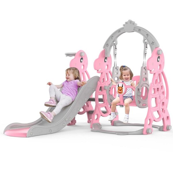 Advwin 4 in 1 Kids Slide Swing Set Toddler Indoor Outdoor Playground with Basketball Hoop Pink