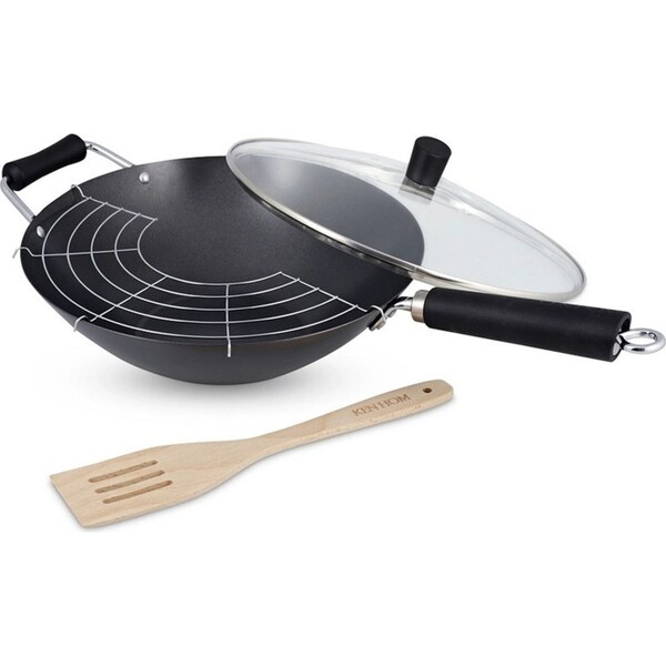 4pc Ken Hom Carbon Steel 31cm Non-Stick Wok Frying Pan w/ Lid/Rack/Turner Set