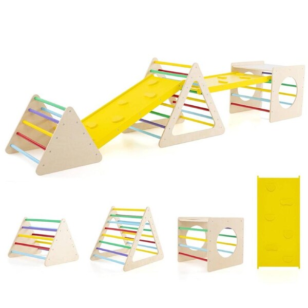 Costway Climb Playset 5 in 1 Slide Set w/Climb Board Climbing Triangle Frame & Cube Play Equipment Daycare Gifts