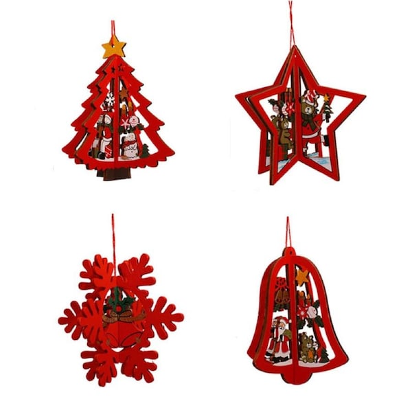 Catzon Set of 4 Wooden Hanging Ornaments 3D Snowflake Bells Star Tree Home Decorations-B