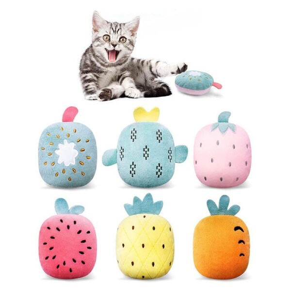 Catzon 6Pcs Cute Fruits Cat Toys Rattle Sound Plush Chew Toy
