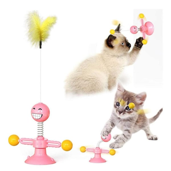 Catzon Springs Interactive Cat Toy with Feather Stick Suction Cup-Pink