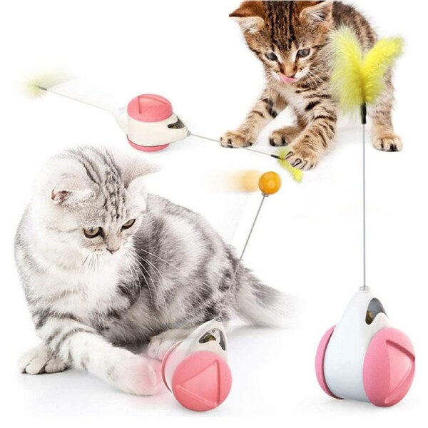 Catzon Cat Balance Swing Car Toy with Catnip Ball Feather Stick Interactive Pet Toys-Pink