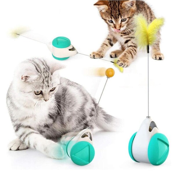 Catzon Cat Balance Swing Car Toy with Catnip Ball Feather Stick Interactive Pet Toys-Lake Blue