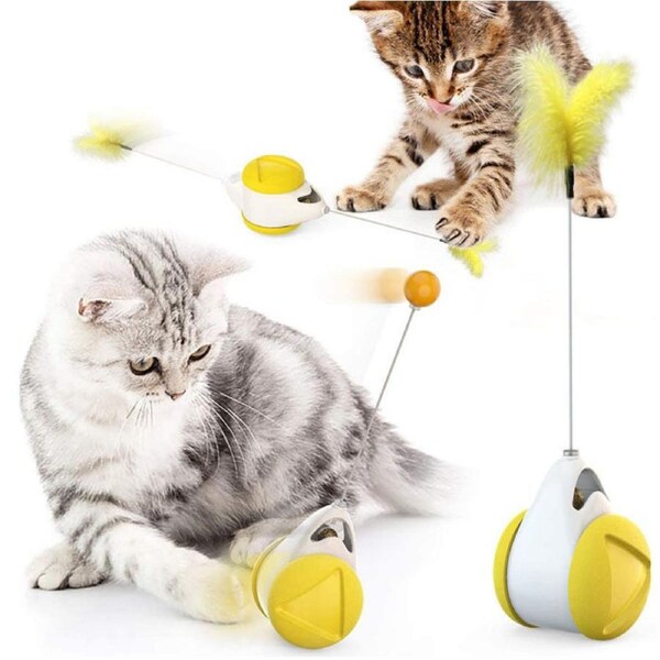 Catzon Cat Balance Swing Car Toy with Catnip Ball Feather Stick Interactive Pet Toys-Yellow