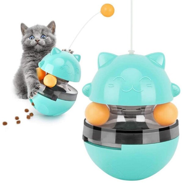 Catzon Tumbler Style Cat Food Dispenser Treat Toys with Dual Rolling Balls Detachable Wand-Blue
