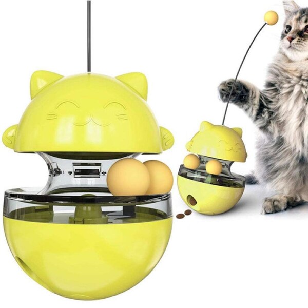 Catzon Tumbler Style Cat Food Dispenser Treat Toys with Dual Rolling Balls Detachable Wand-Yellow