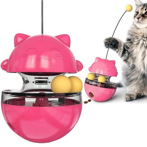 Catzon Tumbler Style Cat Food Dispenser Treat Toys with Dual Rolling Balls Detachable Wand-Red