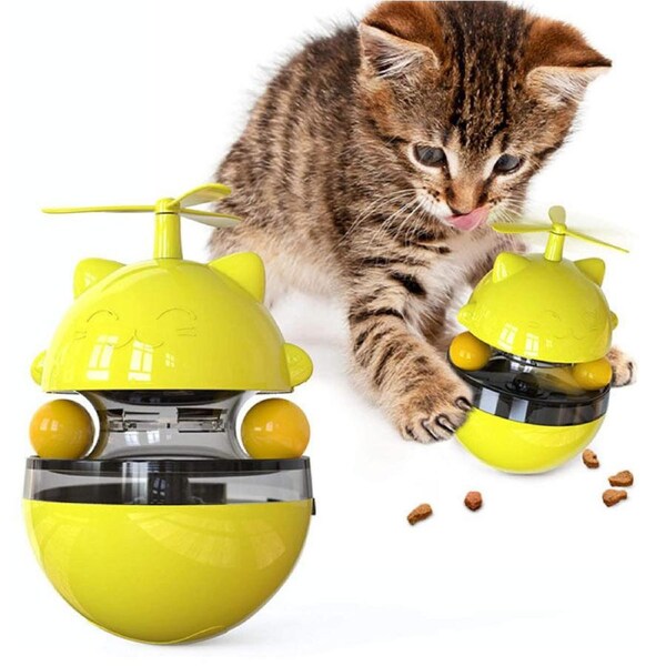 Catzon Tumbler Style Cat Food Dispenser Treat Toys with Dual Rolling Balls-Yellow