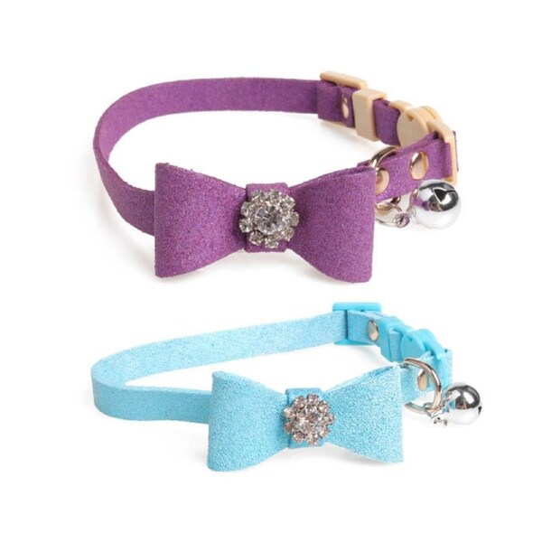 Catzon 2 Pack Adjustable Cat Collar Set Breakaway with Diamonds Bowtie Bell for Puppy Kitten-A