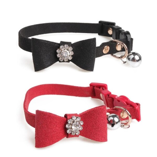 Catzon 2 Pack Adjustable Cat Collar Set Breakaway with Diamonds Bowtie Bell for Puppy Kitten-D