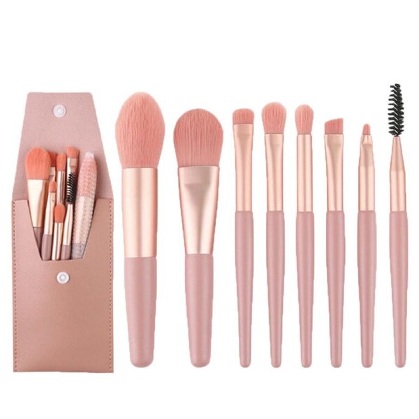 Catzon 8Pcs Mini Makeup Brush Set Foundation Brush with PU Bag-Pink