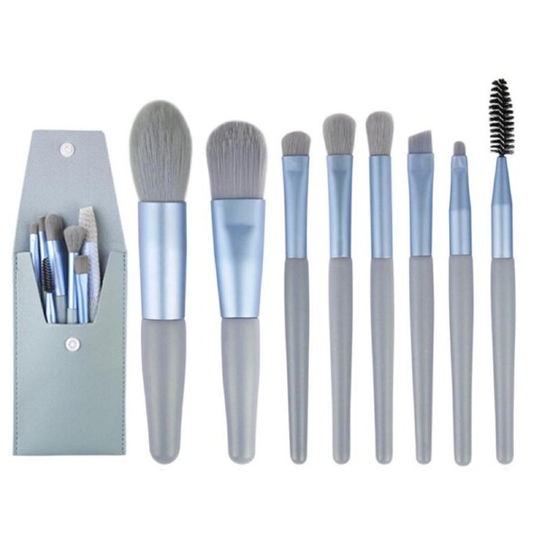 Catzon 8Pcs Mini Makeup Brush Set Foundation Brush with PU Bag-Blue