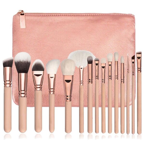 Catzon 15 Pcs Professional Makeup Brushes Synthetic Brush Set with PU Bag-Pink
