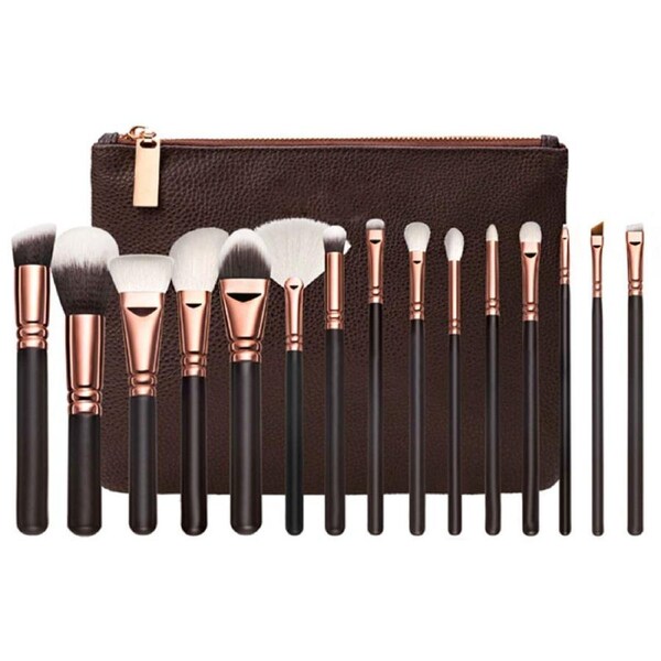 Catzon 15 Pcs Professional Makeup Brushes Synthetic Brush Set with PU Bag-Brown