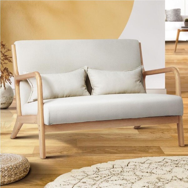 Oikiture Armchair Lounge Chair 2 Seater With 2 Pillows Accent Armchairs Couches Sofa Bedroom Wood Beige