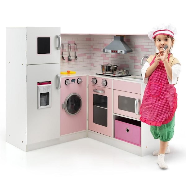 Costway Kitchen Playset Wooden Cooking Pretend Toy Set Gift Home w/Cookware & Apron Pink