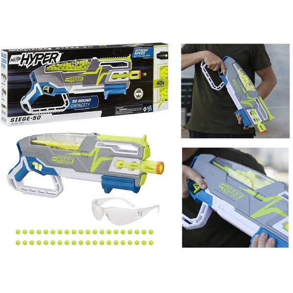 NERF Hyper Siege 50 Pump Action Blaster 40 Hyper Rounds with Eyewear Toy Gun