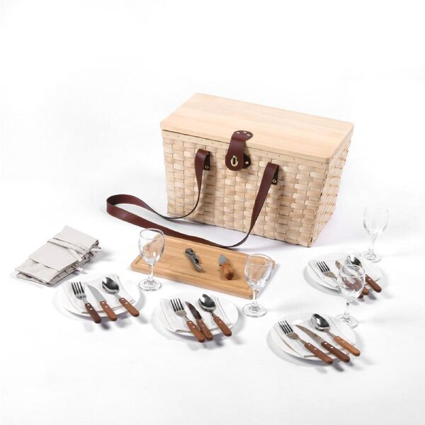 Vibes Barossa 4 Person Natural Wicker Picnic Basket Set Cream