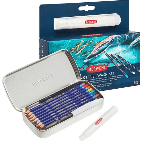 Derwent Inktense Wash Tin Set Coloured Pencils Spritzer WaterBrush Paint Brush