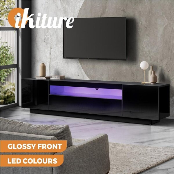 Oikiture TV Cabinet Entertainment Unit Stand Gloss RGB LED Furniture Black 180CM