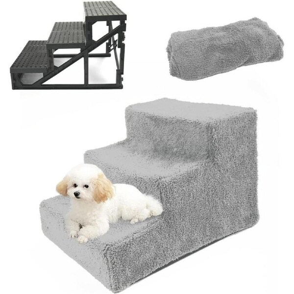 Ozoffer Pet Stairs 3 Steps Portable Cat Dog Ladder w/ Cover Step Ramp Climb For Pup Play