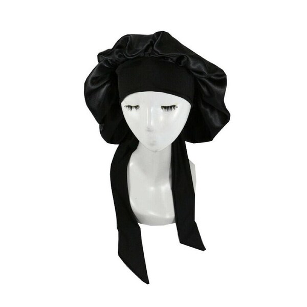 Silk Satin Elastic Sleeping Hair Bonnet - Black