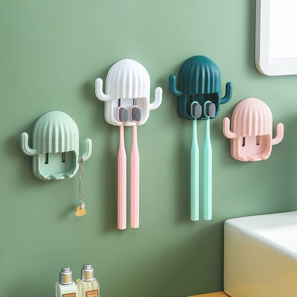 4 Pcs Toothbrush Holder Wall Mounted Cactus Toothbrush Stand With Hook