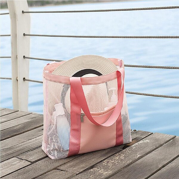 2Pcs Beach Bag Pool Bags Mesh bag Beach Tote for Toys Towel flip flops-Pink