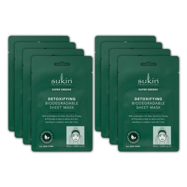 8 x Sukin Super Greens Detoxifying Biodegradable Sheet Face Mask 25mL