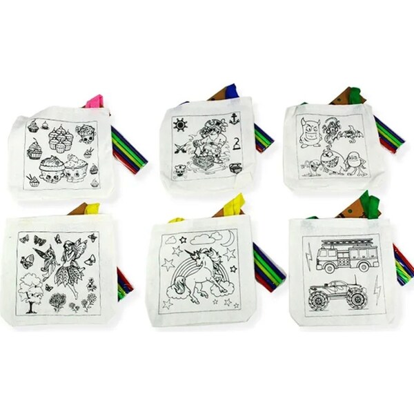 6 x Kids Craft DIY Tote Bag Colour In Own Bag W/ Colour Marker Art Paint Drawing