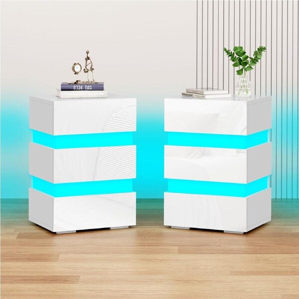 Alfordson 2x Bedside Table LED Nightstand 3-Drawer Gloss White