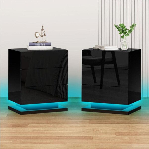 Alfordson 2x Bedside Table LED Nightstand 3 Drawers High Gloss Black