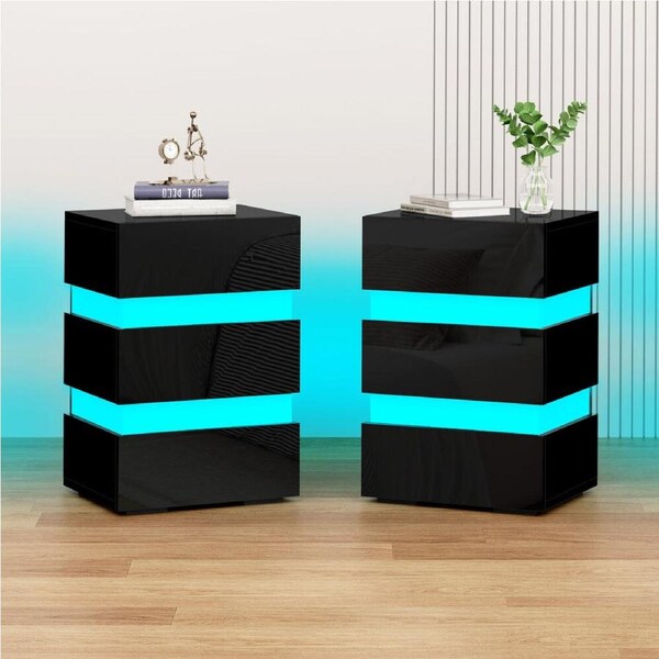 Alfordson 2x Bedside Table LED Nightstand 3 Drawers Gloss Black