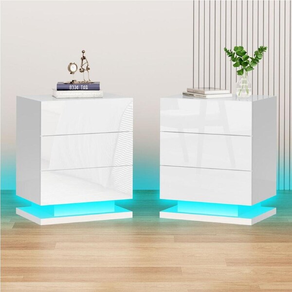 Alfordson 2x Bedside Table LED Nightstand 3 Drawers Gloss White