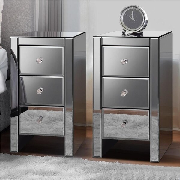 ALFORDSON 2x Mirrored Bedside Table 3 Drawers Grey