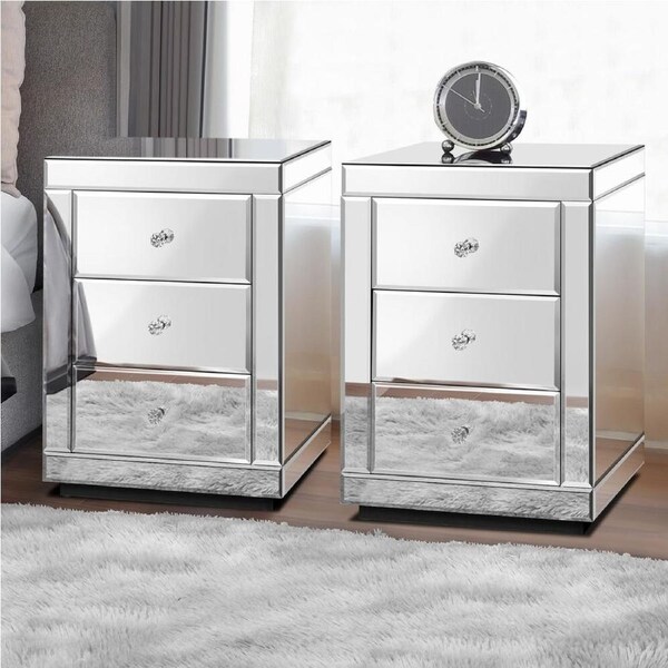 ALFORDSON 2x Mirrored Bedside Table 3 Drawers Silver